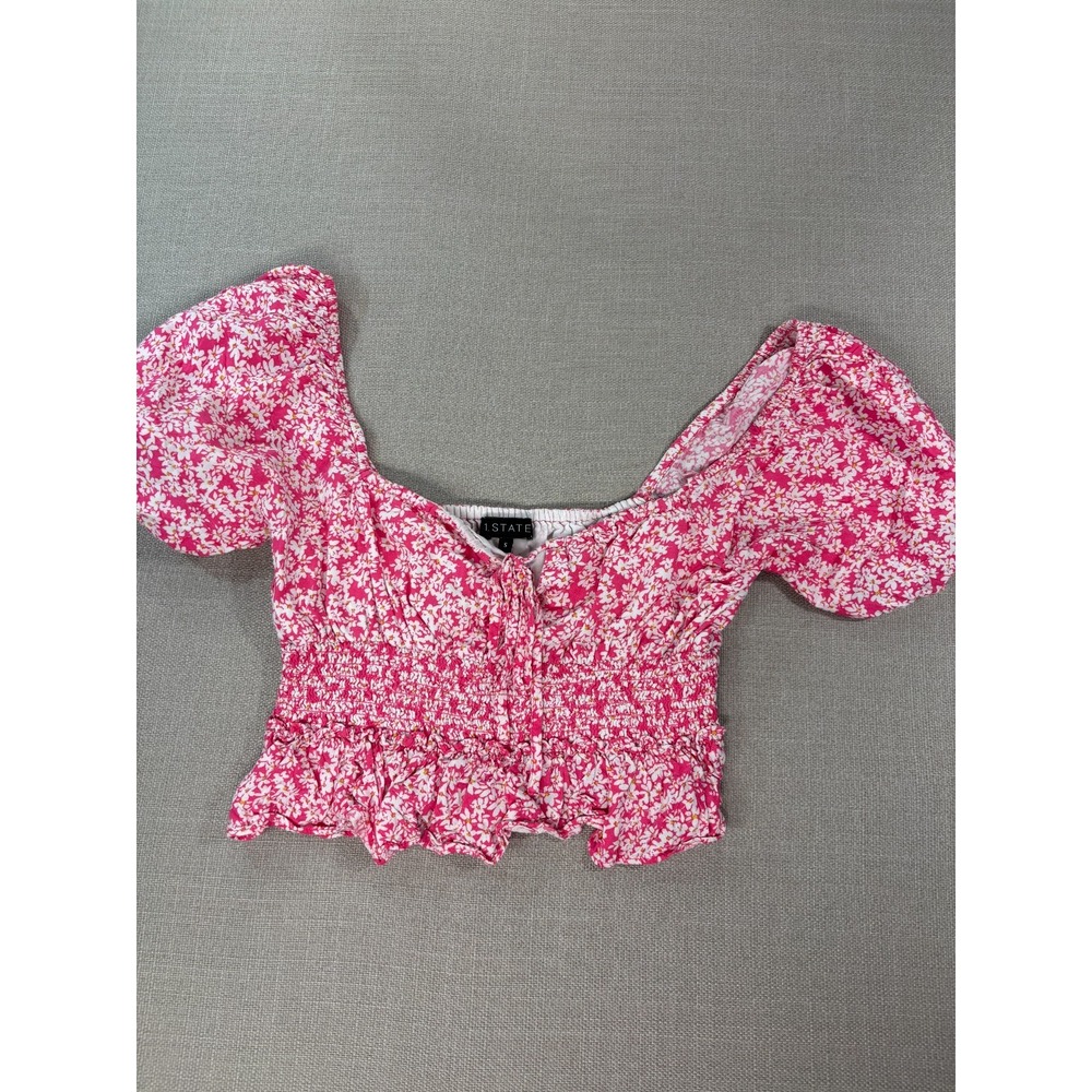 1. State Women's Smocked Pink Floral Crop Top SZ Small- Boho Festival Top